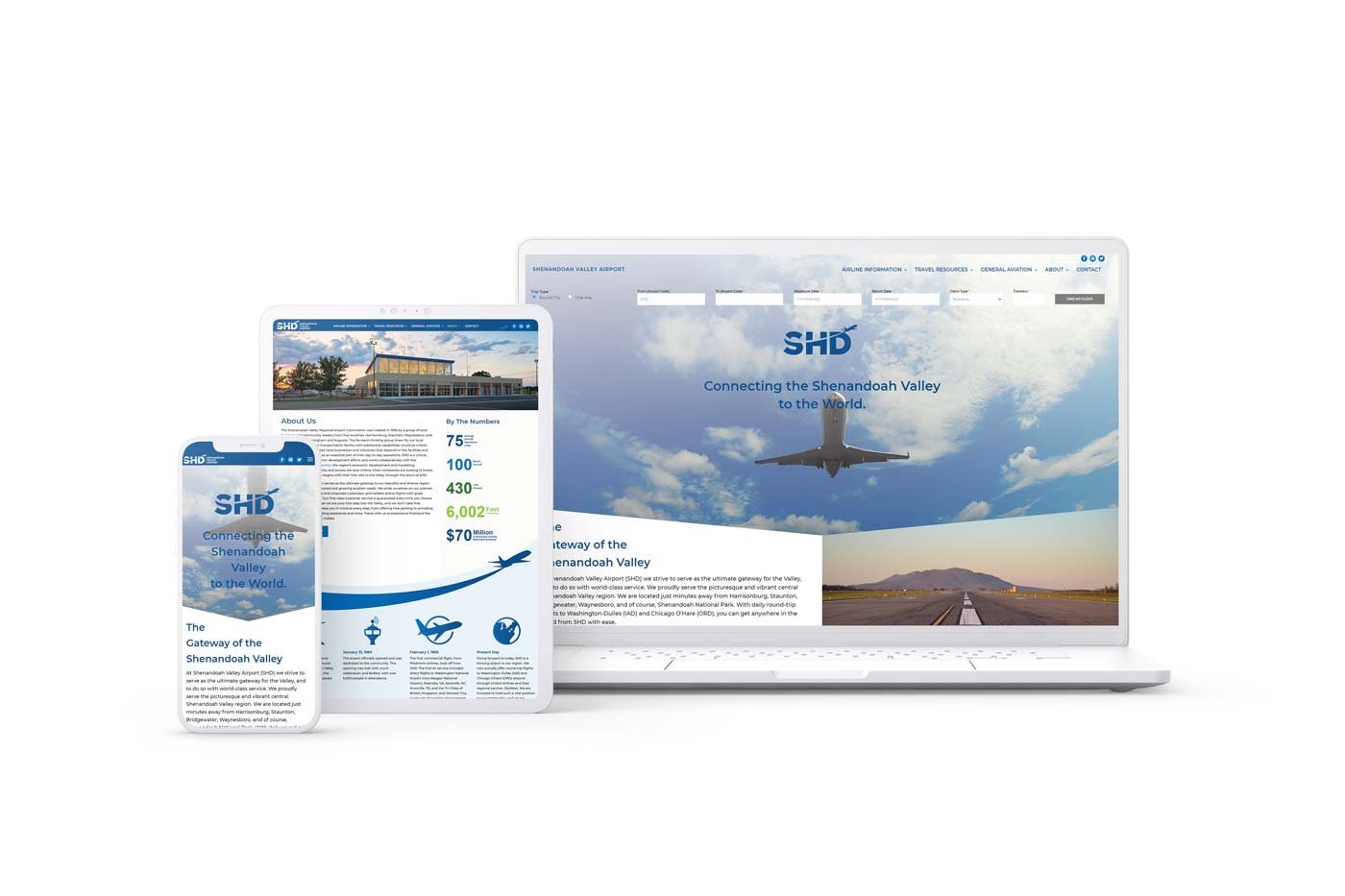 Shenandoah Valley Regional Airport website on laptop, tablet, and cell phone