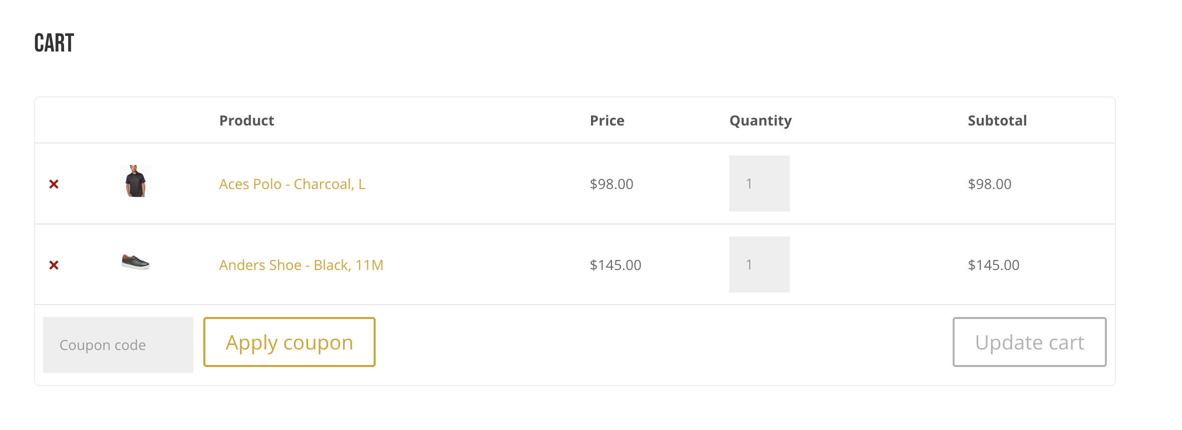 Screen grab of Classic Menswear website shopping cart with two items in it