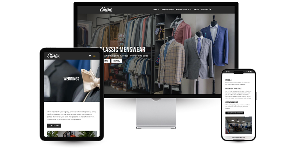 Mockups of Classic Menswear website in desktop, tablet, and mobile