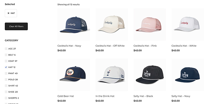 Screen grab of the hat section in Classic Menswear website